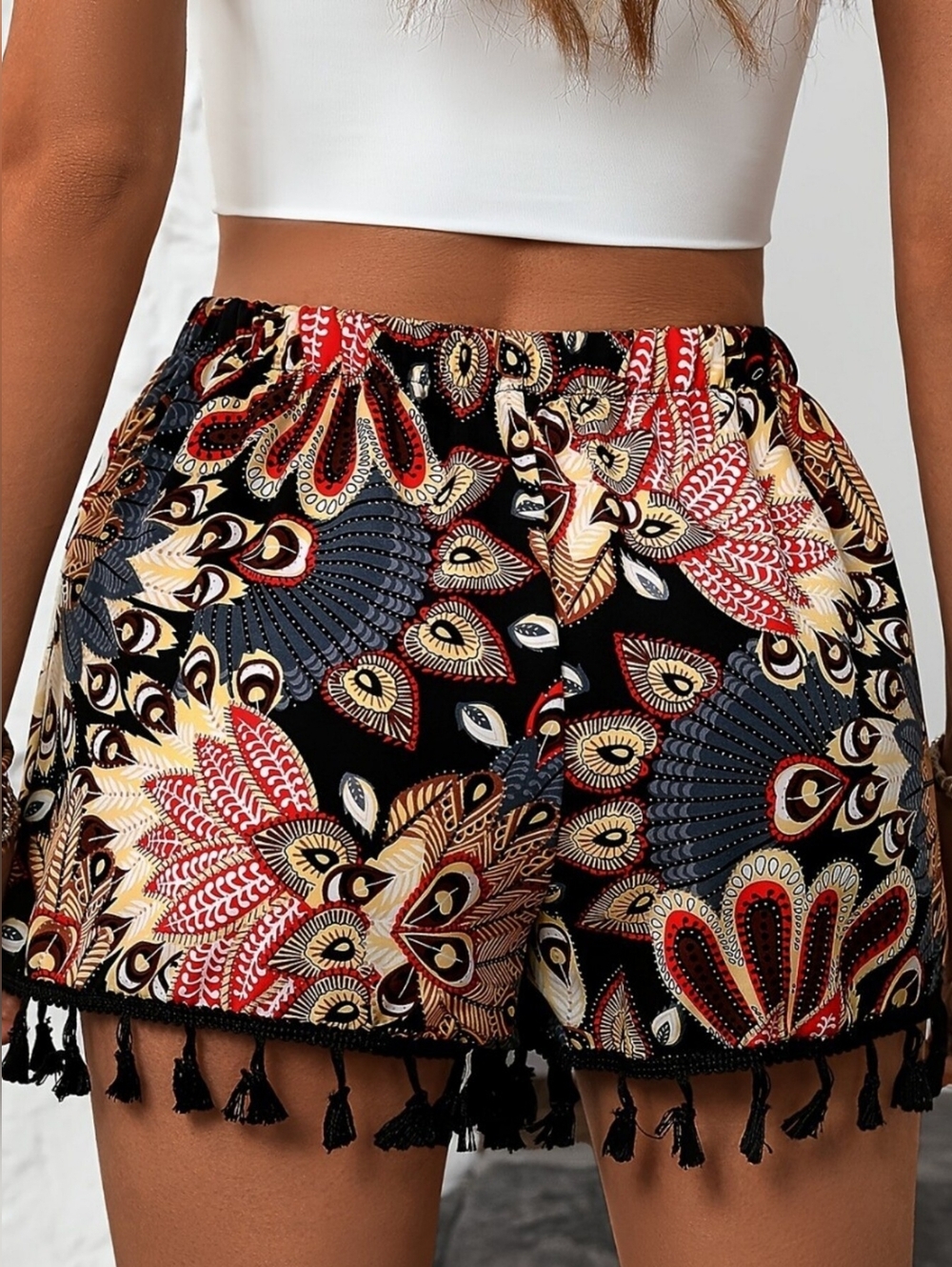 Boho Paisley Tassel Hem Elastic-Waist Shorts - Black- Full & Plus Sizes - Picture 7 of 10
